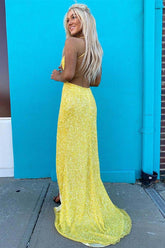 Yellow Sequined Mermaid Prom Dress V-Neck Long Evening Dress UK - MyChicDress